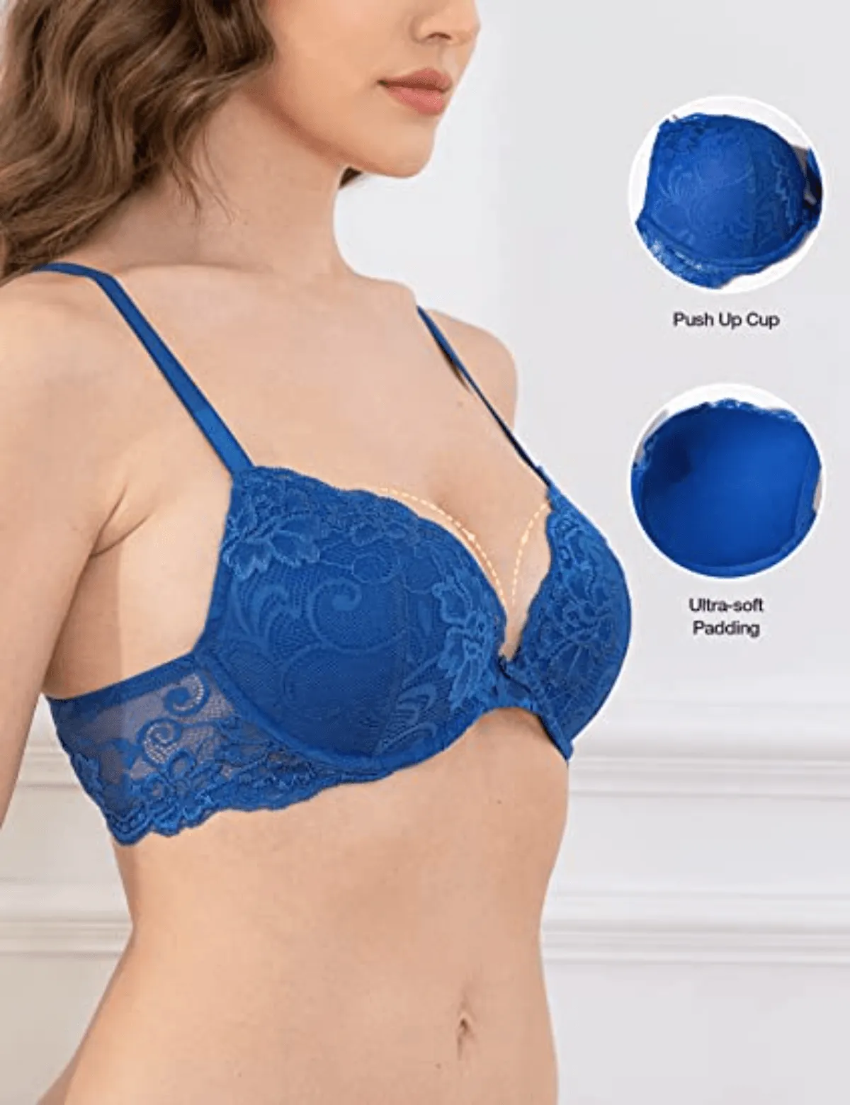 Lace Push Up Bra Lightly Padded Demi Plunge Bra  Royal Blue