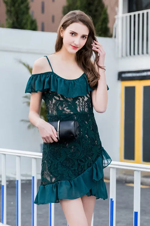 Lace Ruffle Hem Wrap Mini Dress - 3 Colors