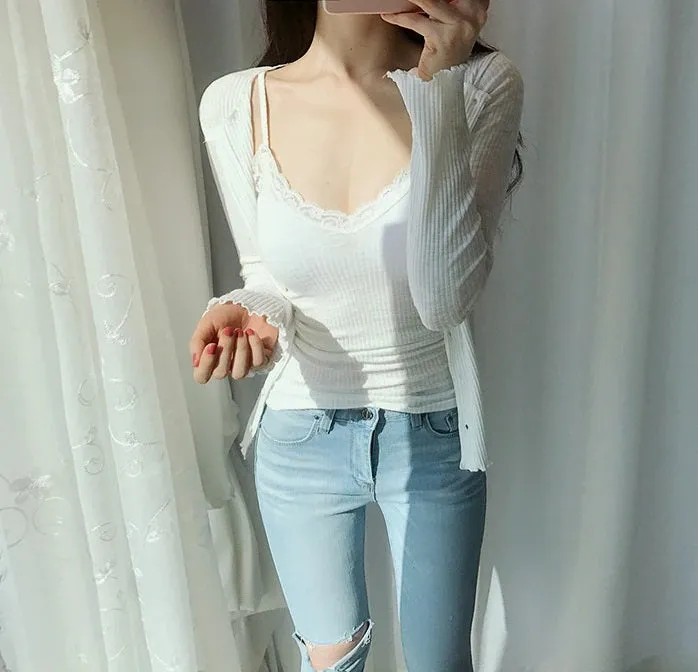 Lace sexy slim tank Solid Color crop top sleeveless