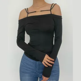 Long sleeve solid metal tag off shoulder top