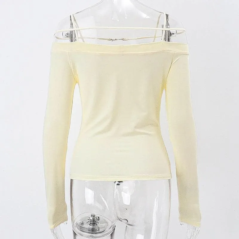 Long sleeve solid metal tag off shoulder top