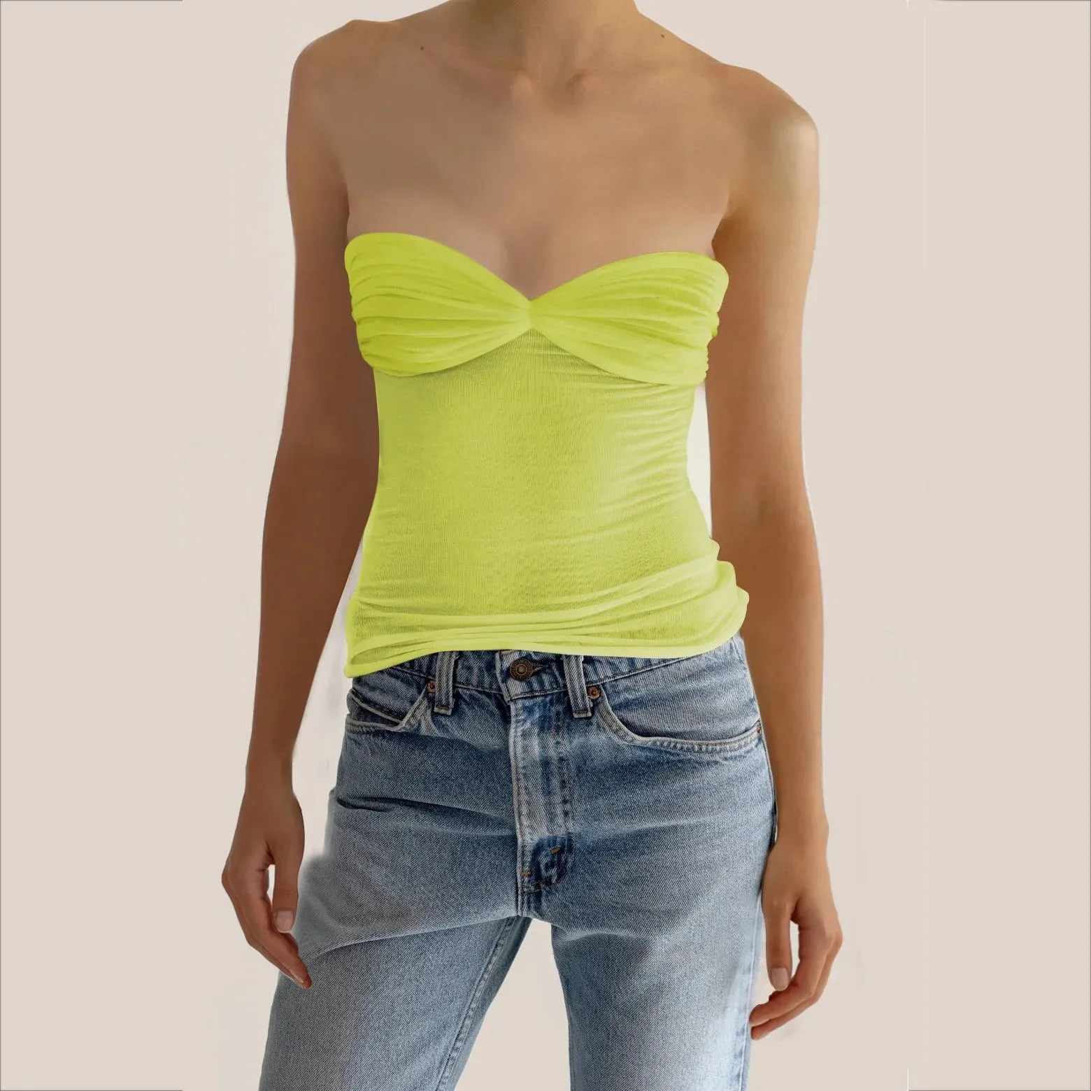 Mesh Strapless Bustier Off-shoulder Sleeveless Knit Cropped Cami Top