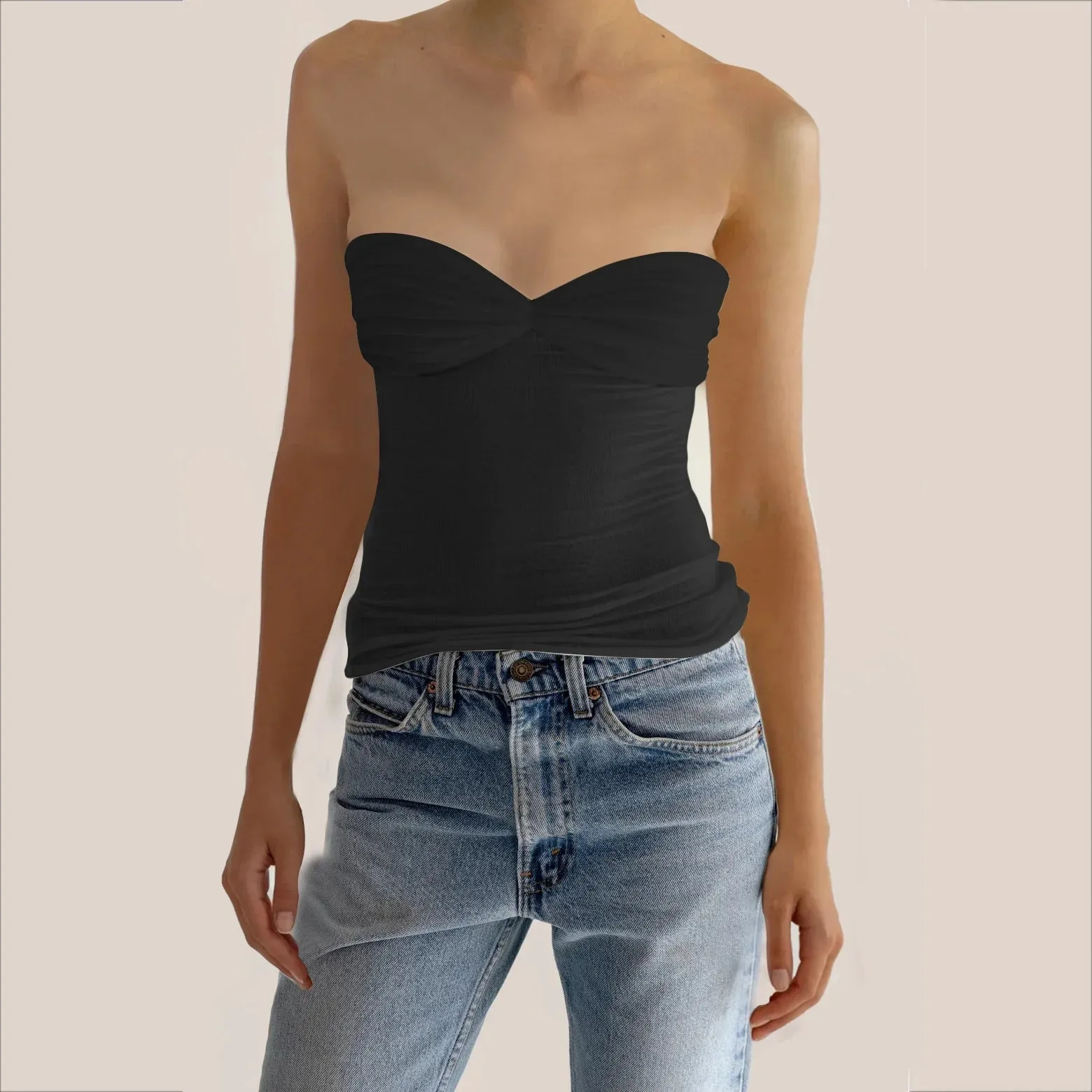 Mesh Strapless Bustier Off-shoulder Sleeveless Knit Cropped Cami Top