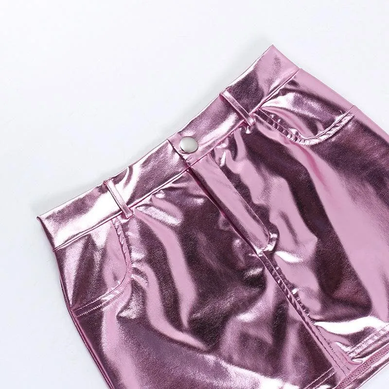 Metallic solid pocket high rise mini skirt