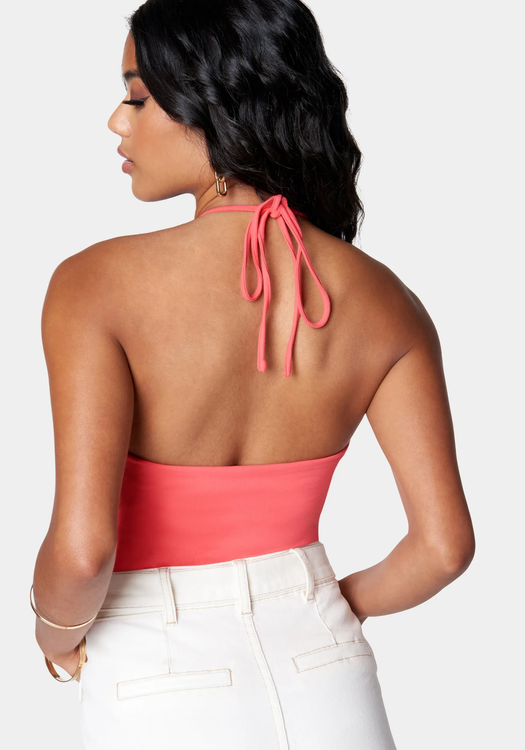 Neck Tie Plunging Ring Detail Tube Top