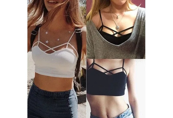 New Sexy Women Cut Out White Bra Bustier Crop Top Bralette Strappy Crochet Cropped Blusas Bandage Halter Tank Tops Camisole