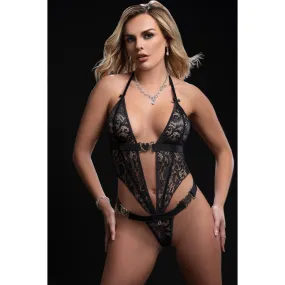 One Piece Open Front Halter Teddy - One Size - Black