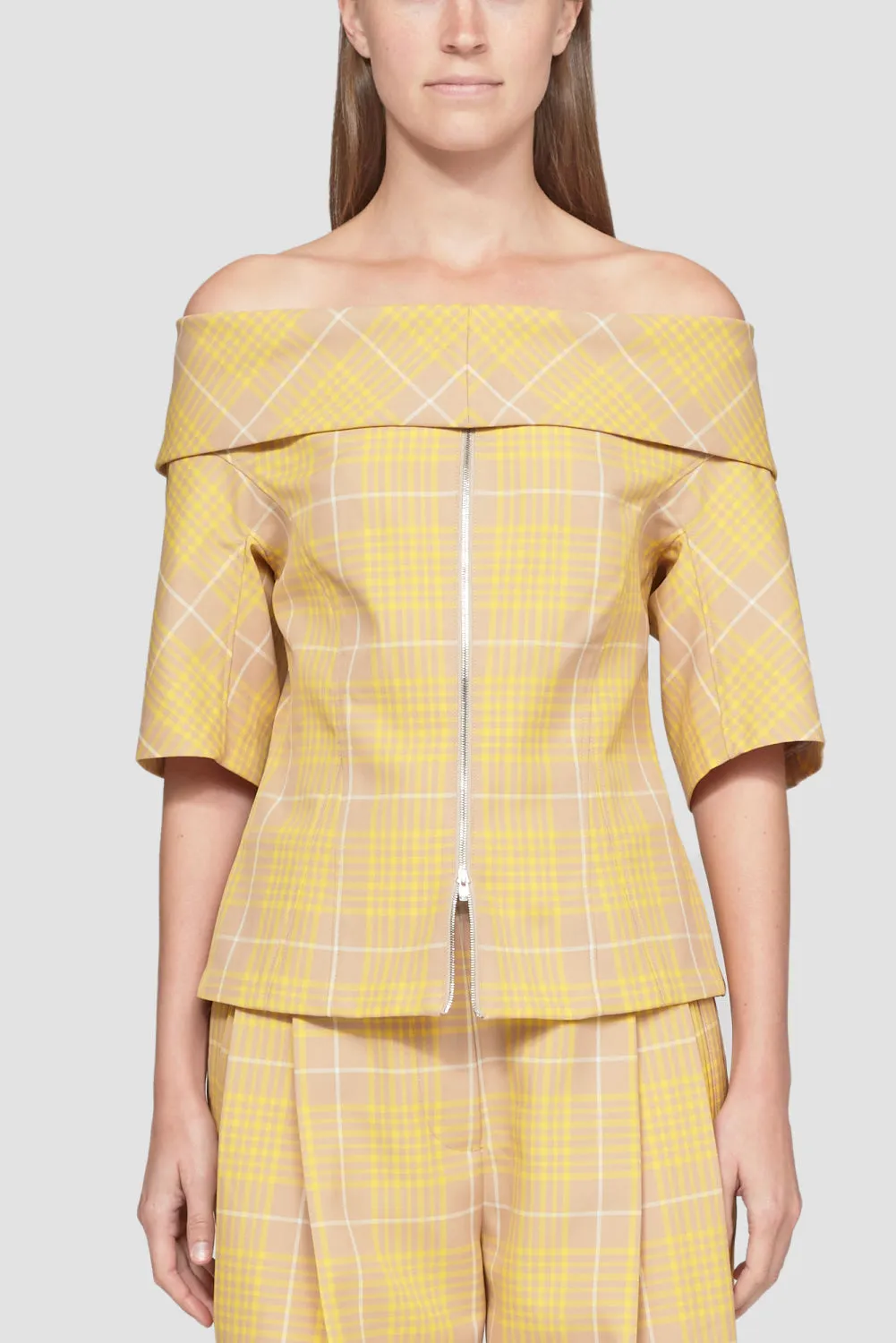 Plaid Jacquard Off Shoulder Zip-Front Top