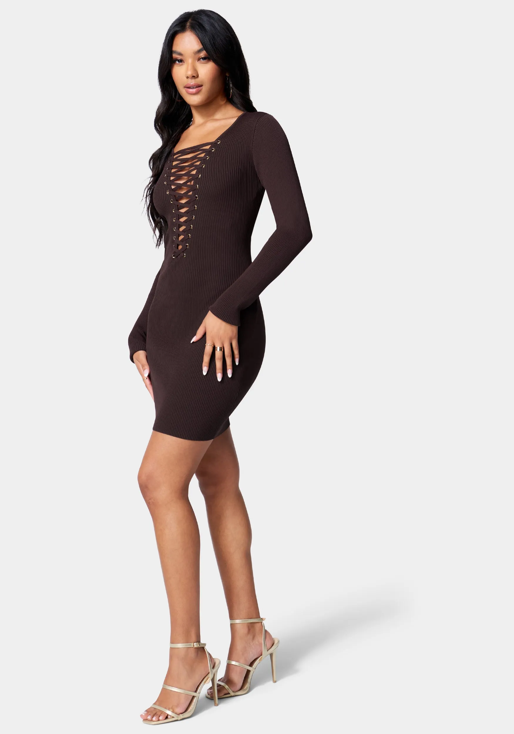 Plunge Neck Lace Up Sweater Dress