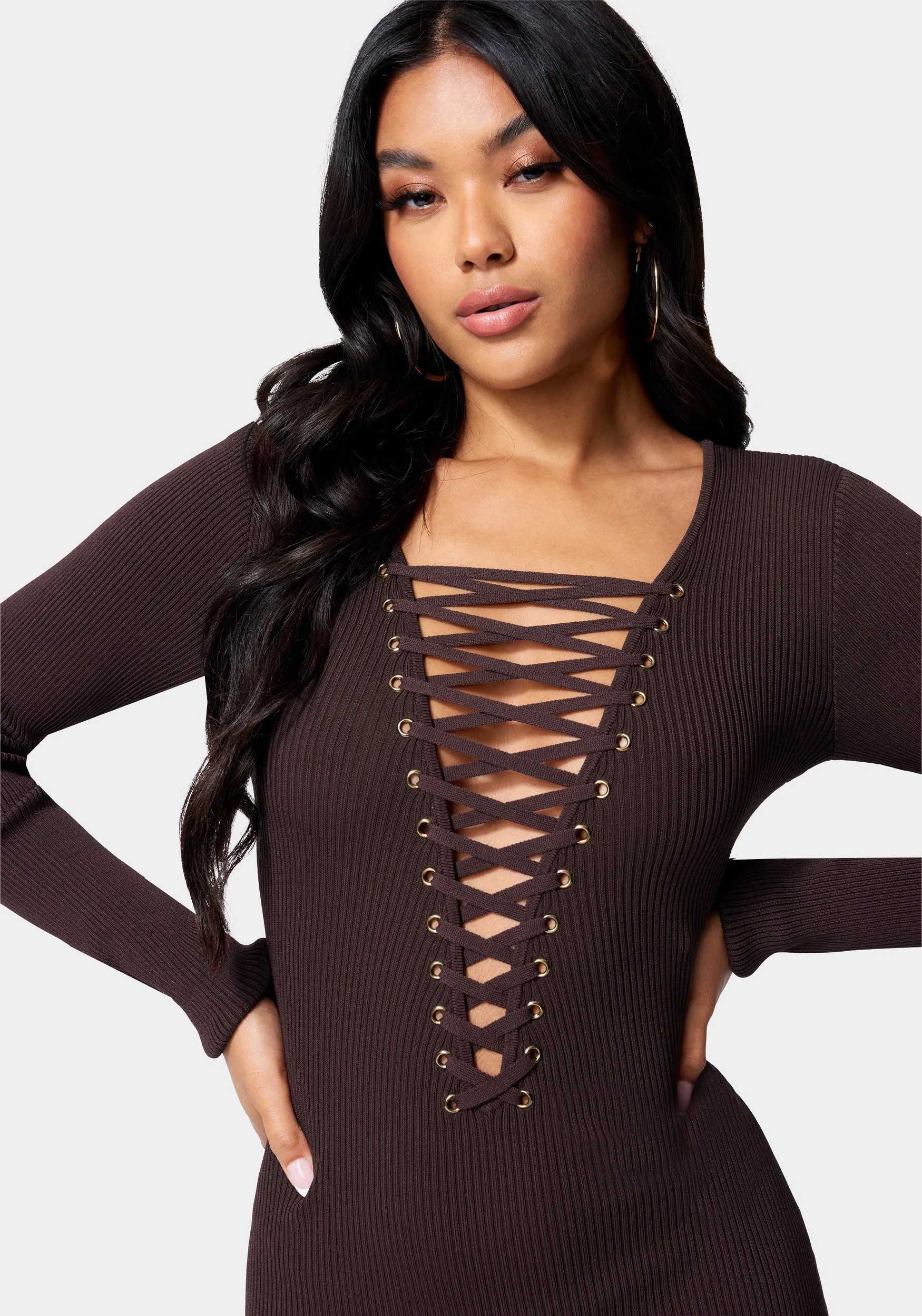 Plunge Neck Lace Up Sweater Dress