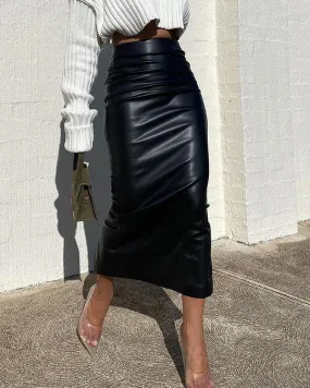 Purpdrank - Split Back Ruched PU Leather Skirt