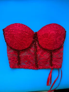 Red Sexy Women Clothing  Corset Top Christmas  Costume Strapless Lace Beads and Sequins Corset with Beads Hand Embroidery