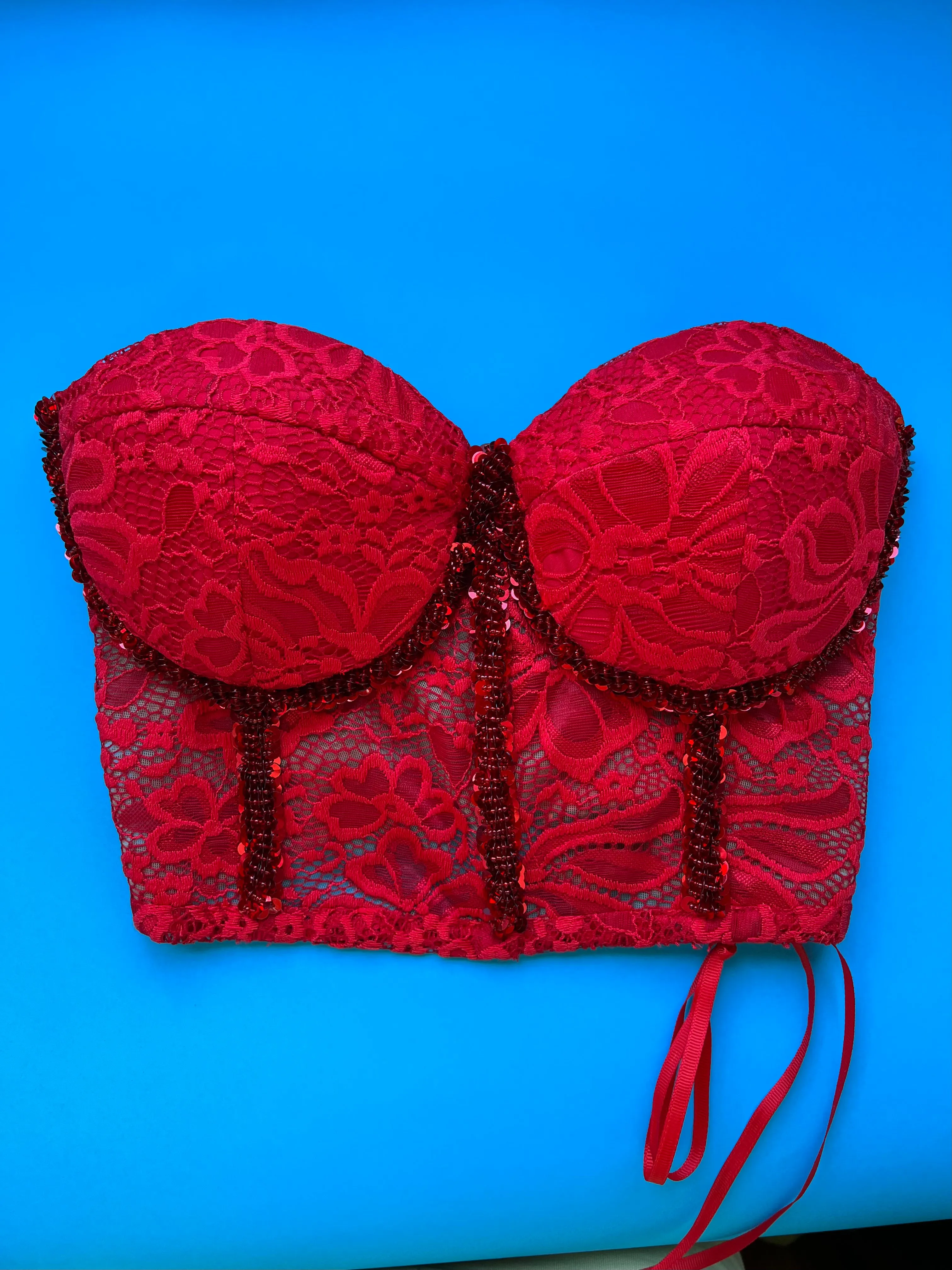 Red Sexy Women Clothing  Corset Top Christmas  Costume Strapless Lace Beads and Sequins Corset with Beads Hand Embroidery