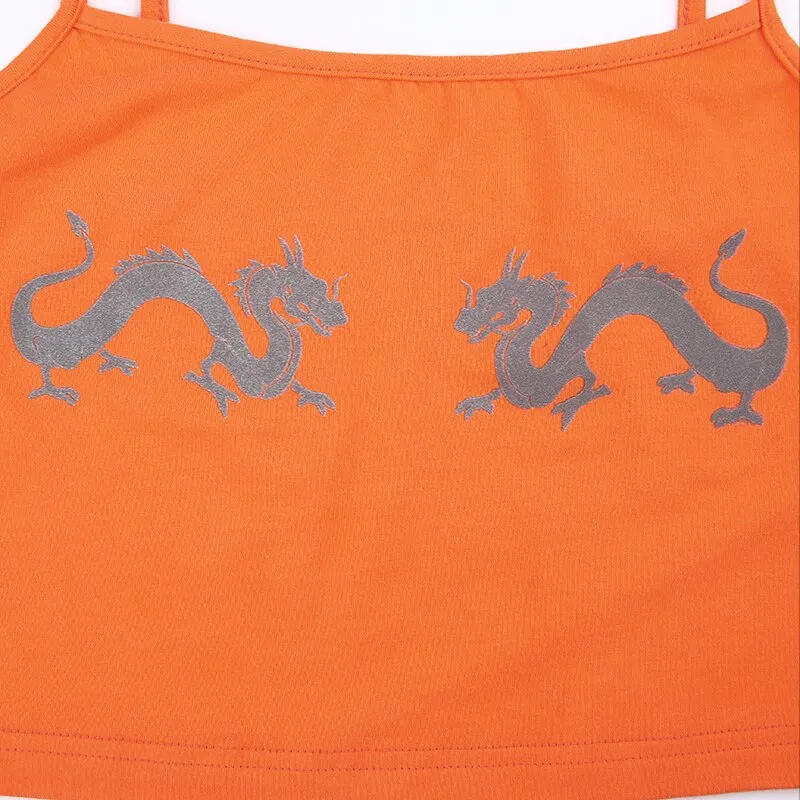 Reflective Double Dragon Graphic Crop Top Cute Aesthetic Sleeveless