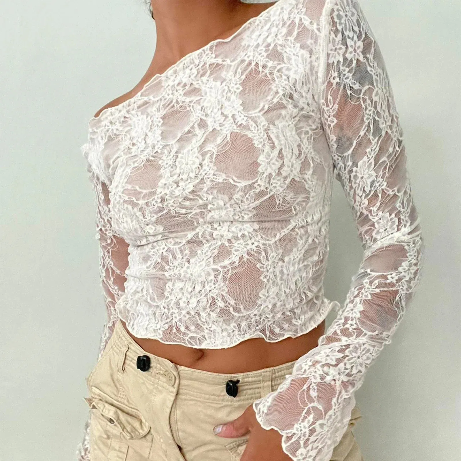 See Through Lace Sheer Mesh Off Shoulder Long Sleeve Streetwear Sexy T-shirt