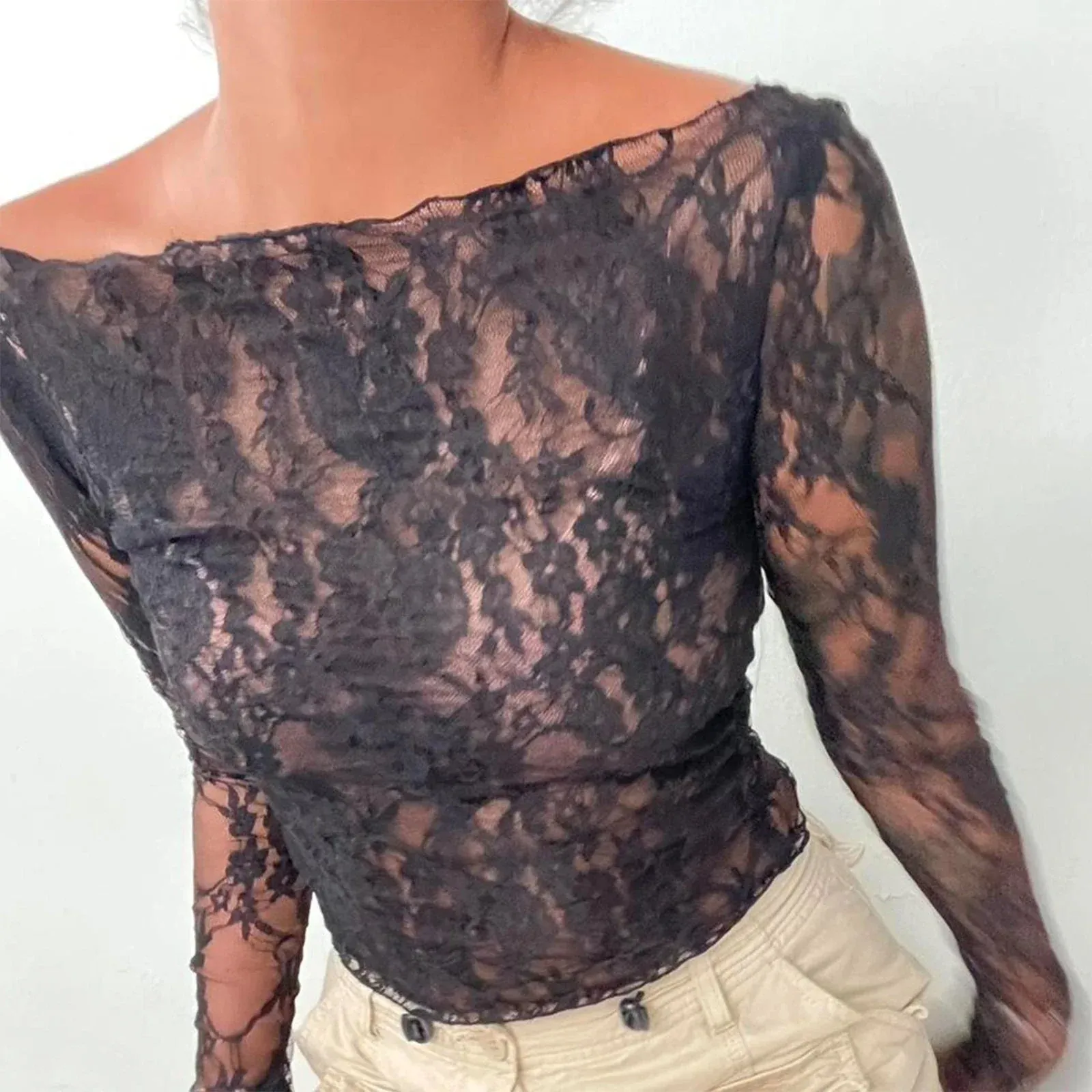 See Through Lace Sheer Mesh Off Shoulder Long Sleeve Streetwear Sexy T-shirt