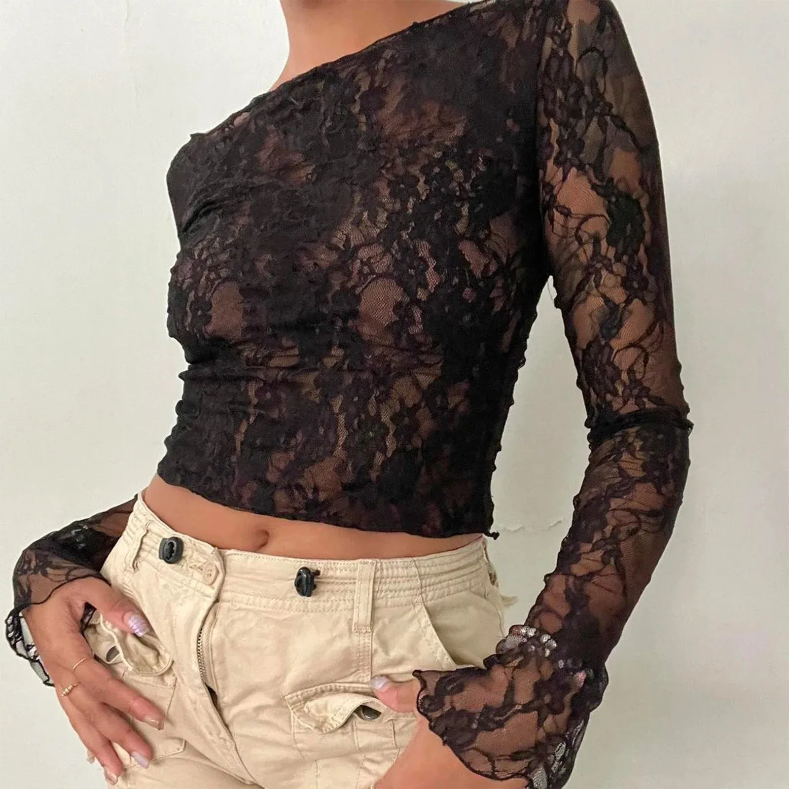 See Through Lace Sheer Mesh Off Shoulder Long Sleeve Streetwear Sexy T-shirt