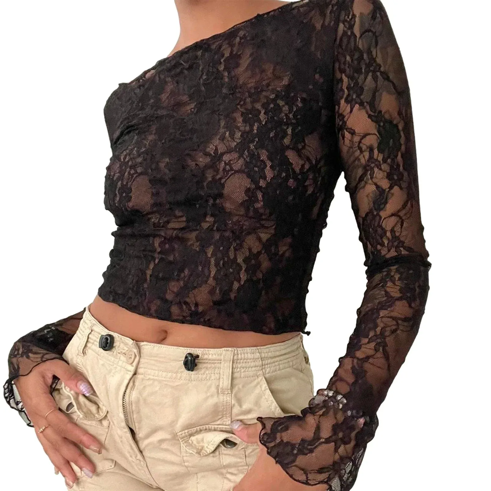 See Through Lace Sheer Mesh Off Shoulder Long Sleeve Streetwear Sexy T-shirt