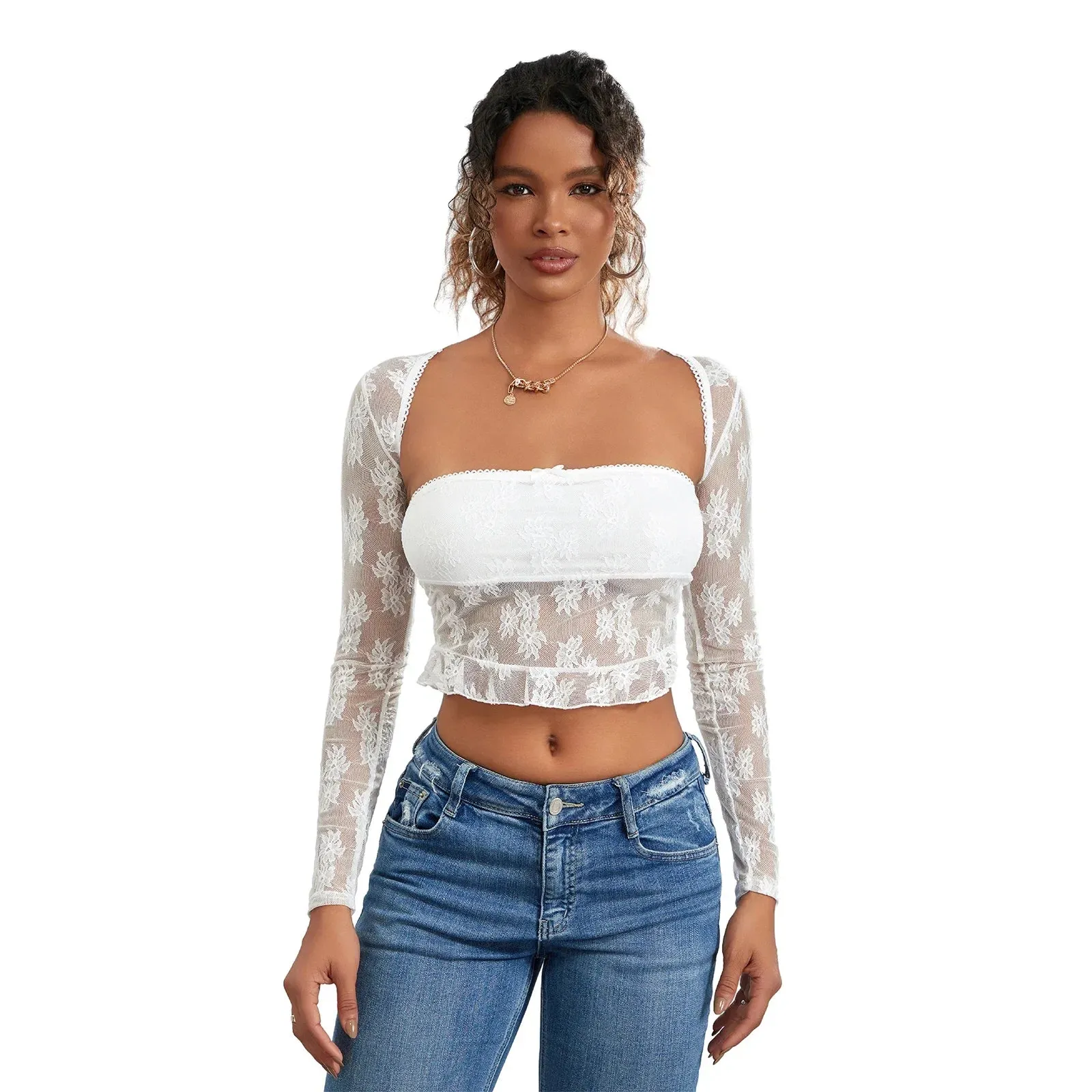 See Through Long Sleeve Shrug Tube Streetwear Crop Lace Top