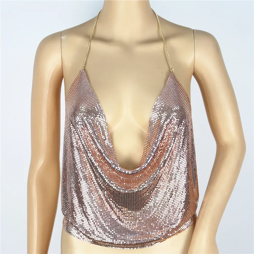 Sequins sexy drape deep v backless halter body chain top