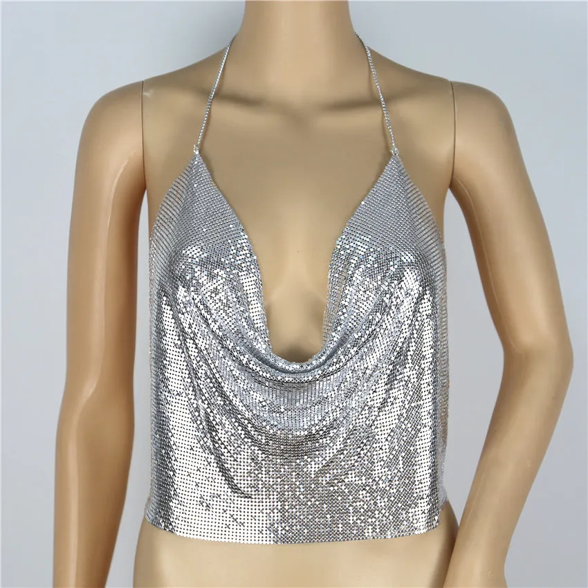 Sequins sexy drape deep v backless halter body chain top