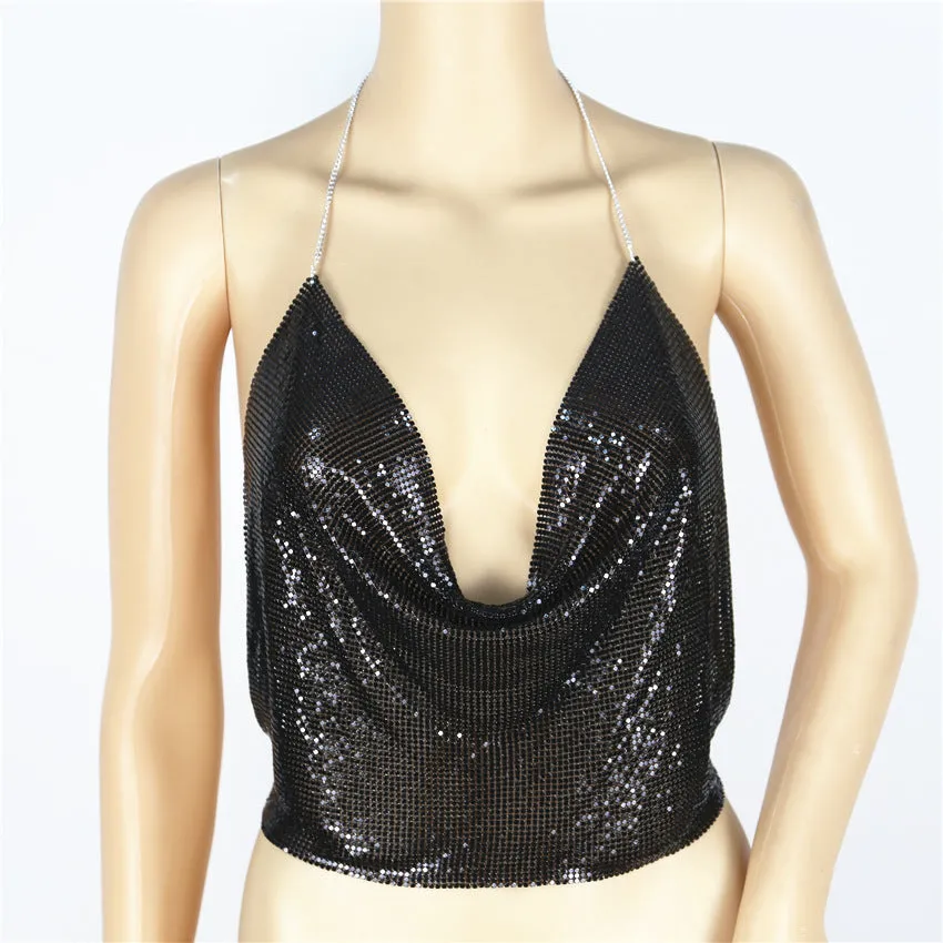 Sequins sexy drape deep v backless halter body chain top