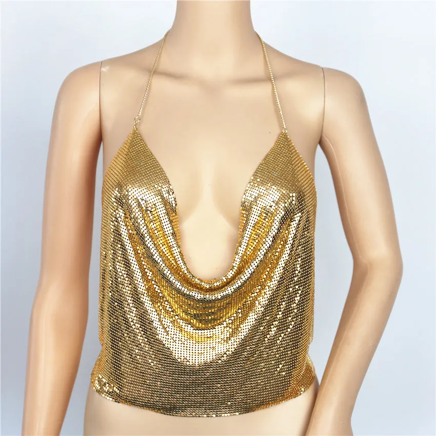 Sequins sexy drape deep v backless halter body chain top