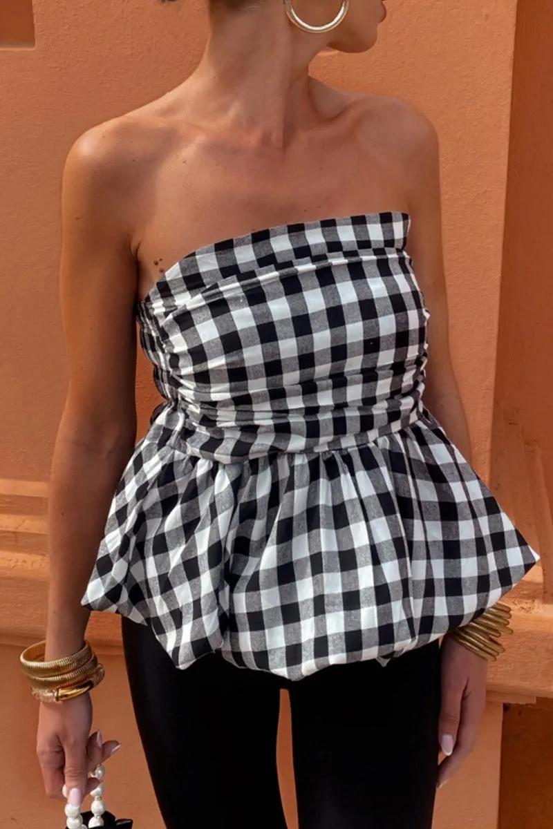 Sexy Plaid Ruched Contrast Strapless Tops(3 Colors)