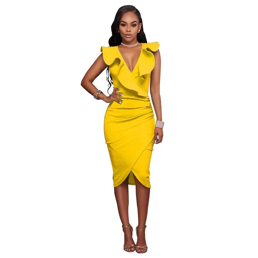 Sexy V-neck Ruffled Sleeveless Sheath Dresses