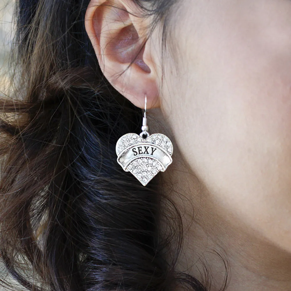 Silver Sexy Pave Heart Charm Dangle Earrings