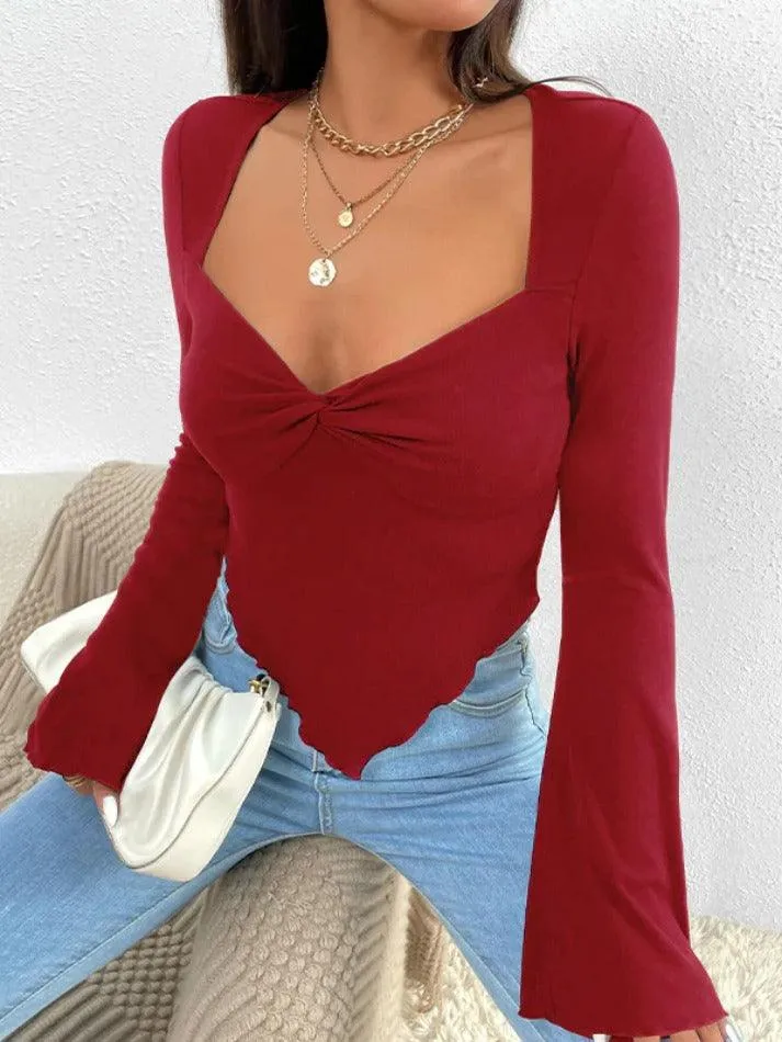 Solid V Neck Ruched Irregular Hem Knit Long Sleeve Tee