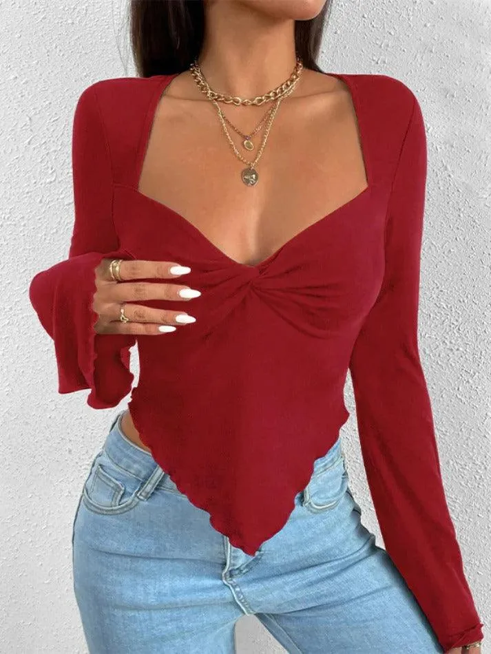 Solid V Neck Ruched Irregular Hem Knit Long Sleeve Tee