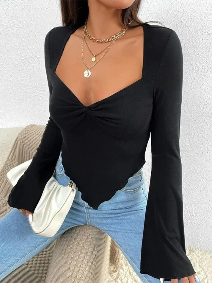 Solid V Neck Ruched Irregular Hem Knit Long Sleeve Tee