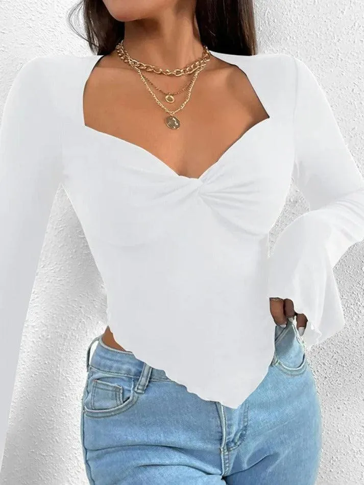 Solid V Neck Ruched Irregular Hem Knit Long Sleeve Tee