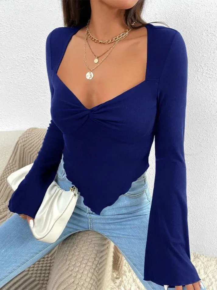 Solid V Neck Ruched Irregular Hem Knit Long Sleeve Tee