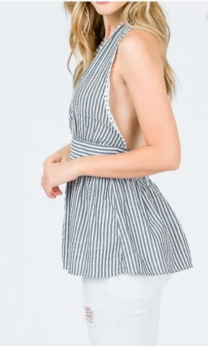 Striped Plunge Open Back Halter