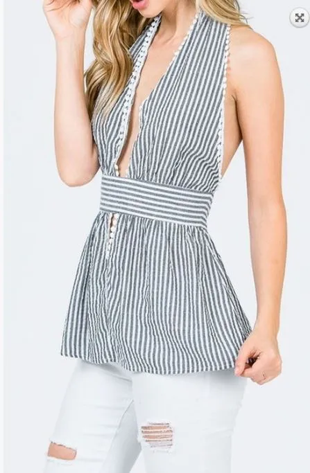 Striped Plunge Open Back Halter