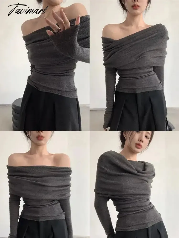 TAVIMART -  Off Shoulder T Shirts Women Korean Slim Knitted Tops Female Sexy Pleated Long Sleeve T Shirt Lady Y2K Spicy Girl Thin Knitwear