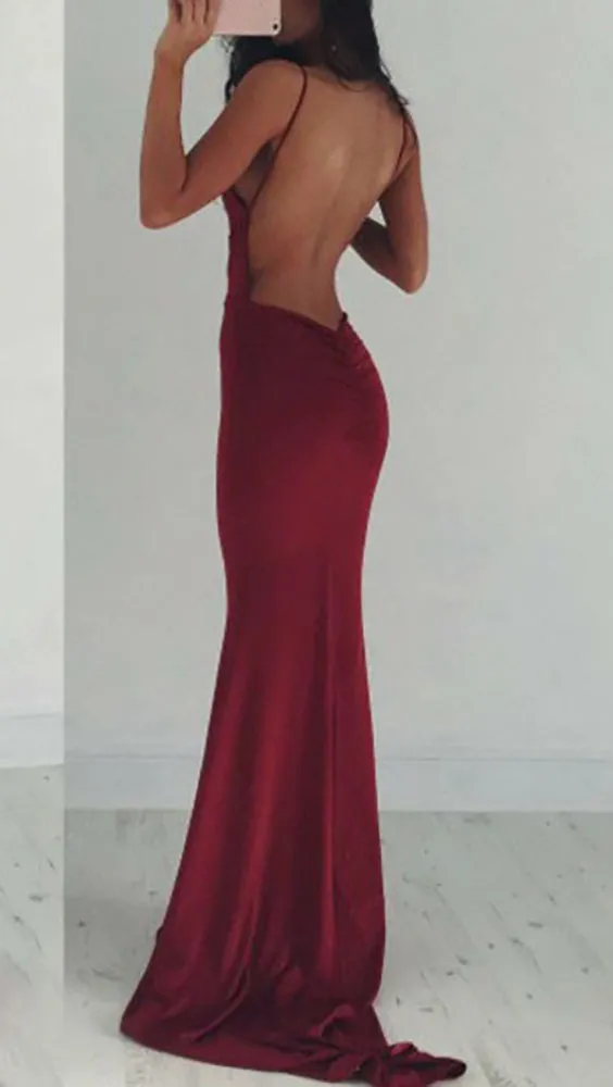 The Nevaeh Deep V Open Back Mermaid Gown Cherry Red