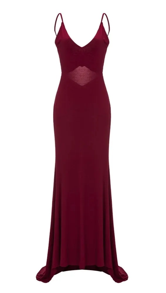 The Nevaeh Deep V Open Back Mermaid Gown Cherry Red