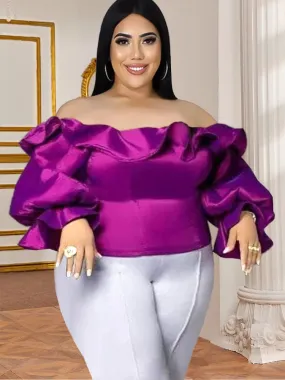 Uniwim Off Shoulder Blouse Plus Size Ruffles Long Flare Sleeve Shiny Purple Tops Evening Party Cocktail Club Wear Shirts Blouses 4XL