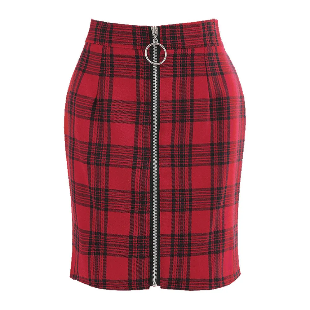 VenusFox Sexy Plaid Zipper Slim High Waist Above Knee Mini Skirt