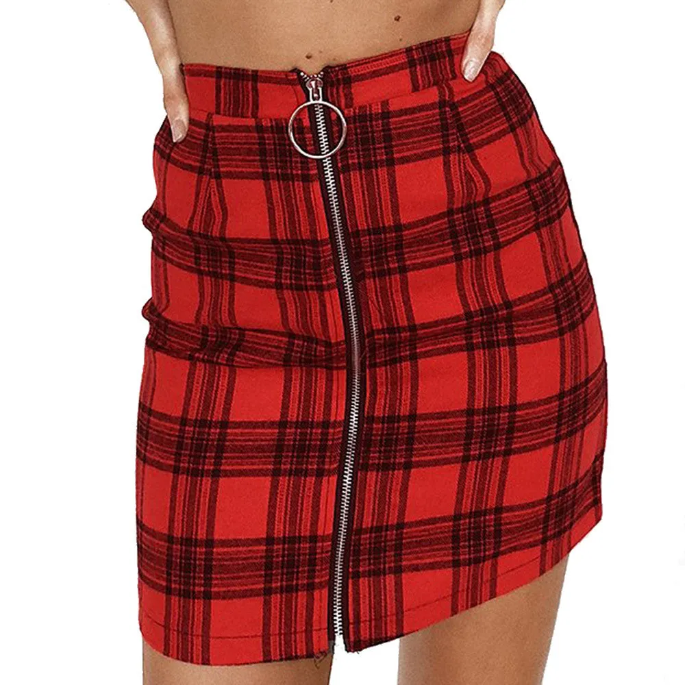 VenusFox Sexy Plaid Zipper Slim High Waist Above Knee Mini Skirt