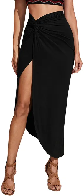 Verdusa Women's Twist Front Ruched Split Side High Waist Asymmetrical Long Skirt