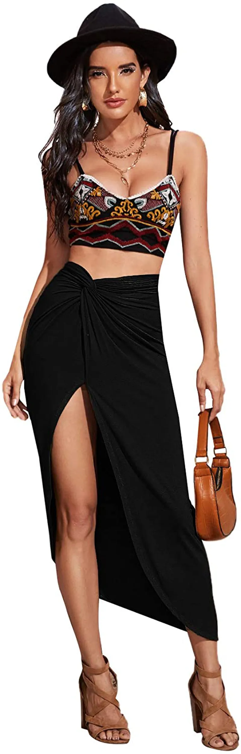 Verdusa Women's Twist Front Ruched Split Side High Waist Asymmetrical Long Skirt