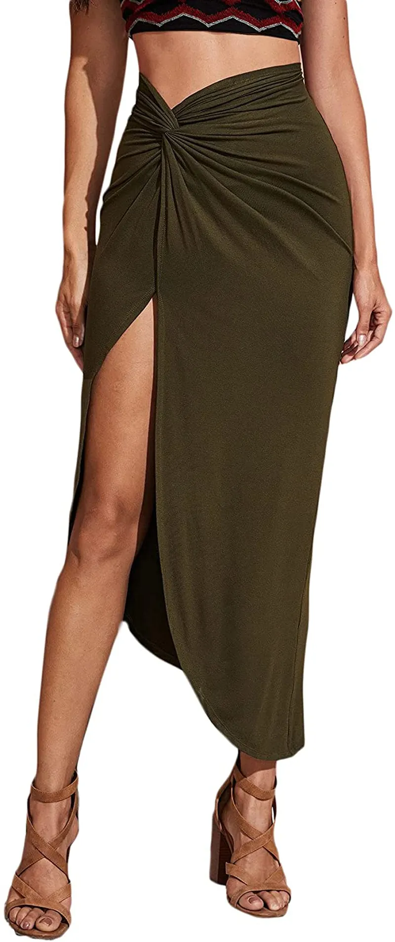 Verdusa Women's Twist Front Ruched Split Side High Waist Asymmetrical Long Skirt