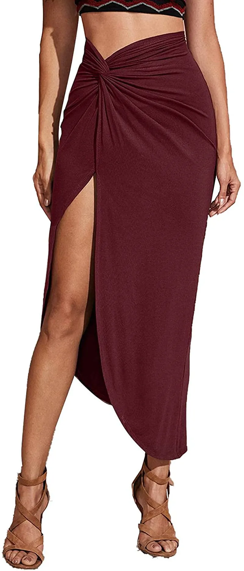 Verdusa Women's Twist Front Ruched Split Side High Waist Asymmetrical Long Skirt