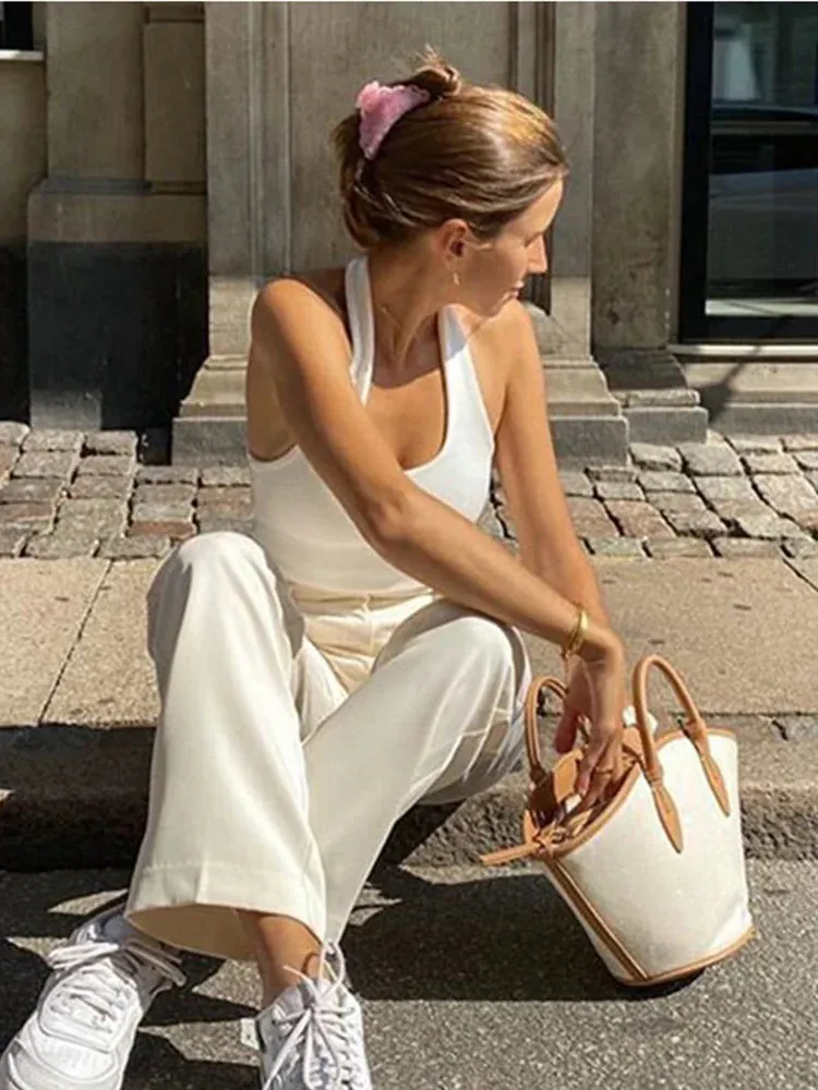 White Ribbed Halter Backless Crop Top