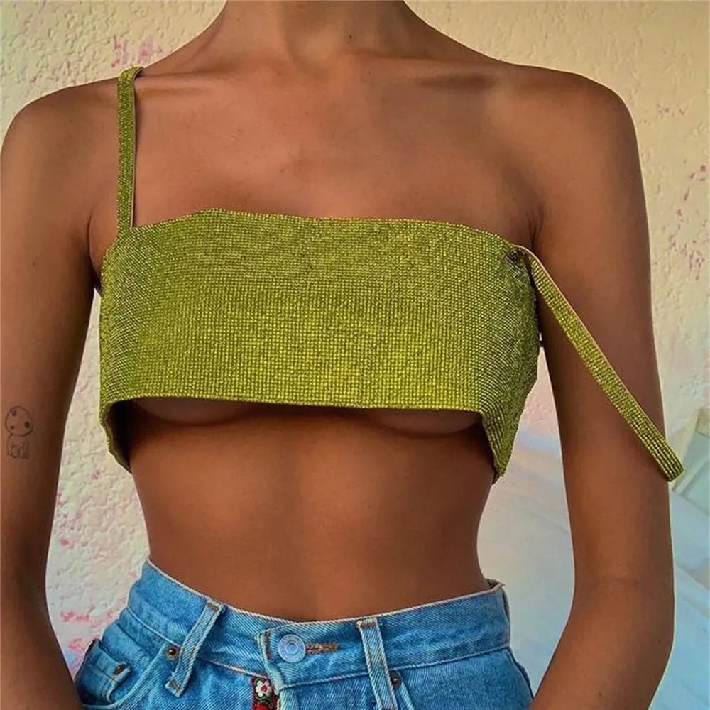 Wjczt Glitter Crop Top Women Sleeveless Vest Off Shoulder Top Open Back Y2K Clothes Summer Party Tube Top Cami Sexy Tank Tops Clubwear