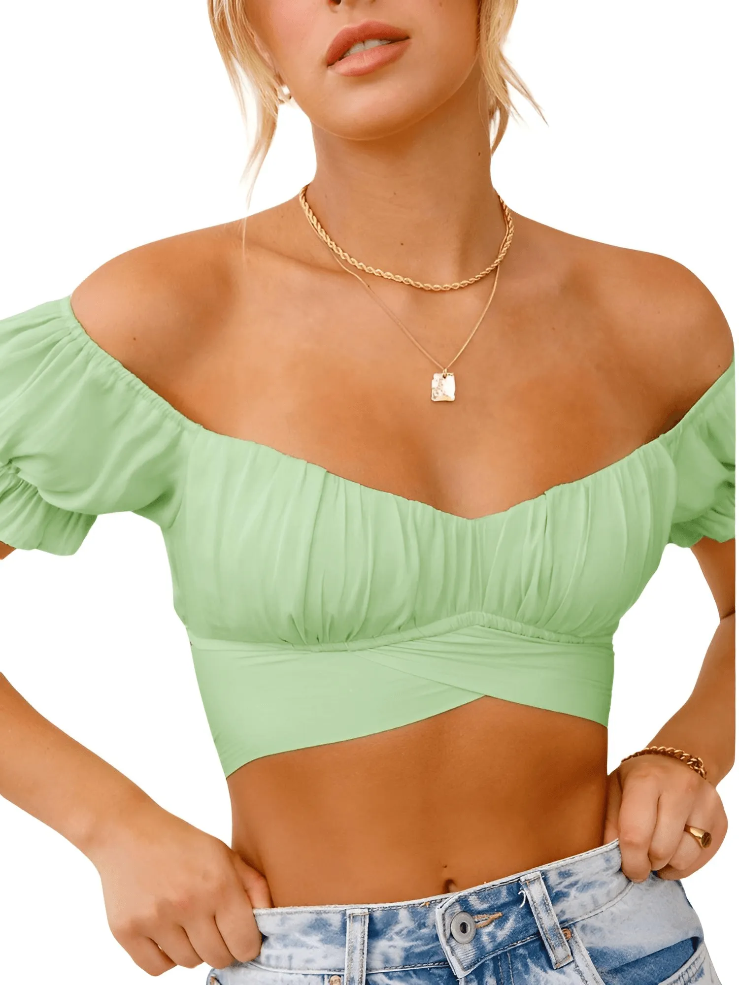 Women's Paris Style Off Shoulder Crop Top Short Sleeve